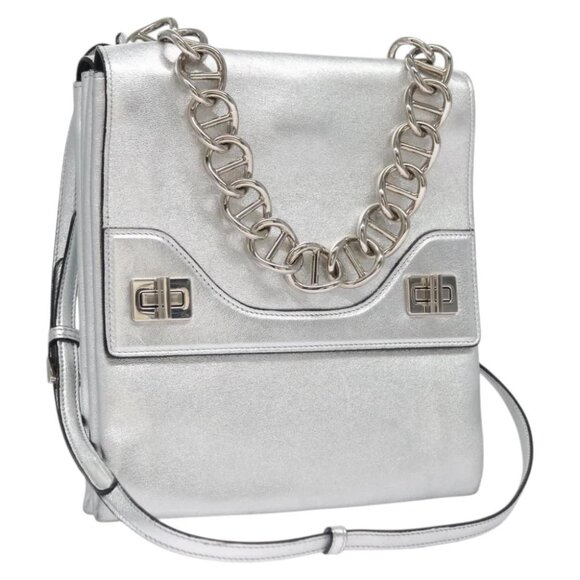 PRADA Chain Hand Bag Leather 2way Silver Auth BD055AV - Picture 1 of 15